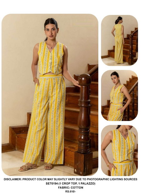 SET0194 Ladies Cotton Yellow Printed Cord Set Wholesale Shop In Surat